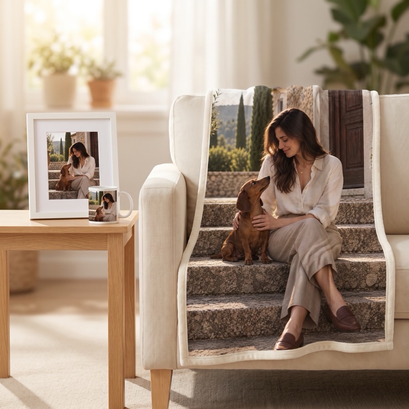 A framed portrait, a mug and a blanket, all with the same portrait of a woman and her dachshund, in a sunny living room